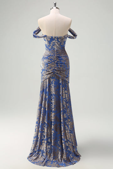 Korset Grå Blå Havfrue Off the Shoulder Ruched Lang Brudepigekjole